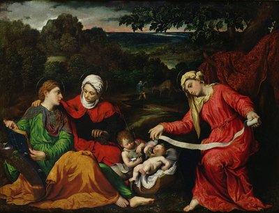 Rust tijdens de vlucht naar Egypte met St. Johannes de Doper, St. Elizabeth en St. Catherine, ca. 1545 door Paris Bordone